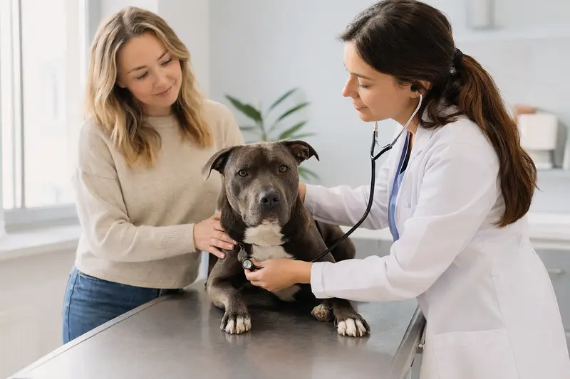 Ein American Staffordshire Terrier wird behutsam von einer Tierärztin mit Stethoskop in einer modernen Tierarztpraxis untersucht, während der Besitzer beruhigend daneben steht.