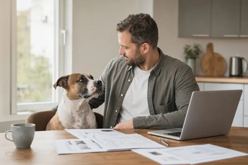 Ein American Staffordshire Terrier sitzt ruhig neben seinem Besitzer am Küchentisch mit Versicherungsunterlagen und Laptop zur Hundekrankenversicherung.
