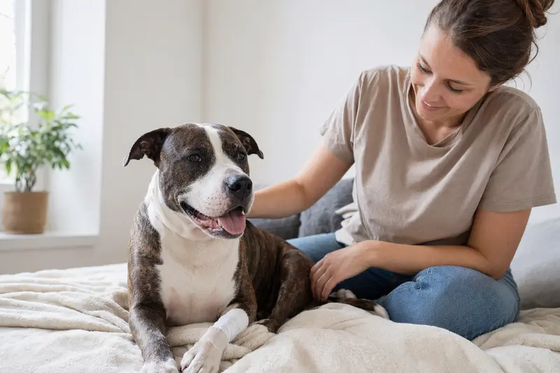 Ein American Staffordshire Terrier liegt mit leicht bandagierter Pfote ruhig auf einer Decke, während sein Besitzer neben ihm sitzt und erleichtert wirkt.