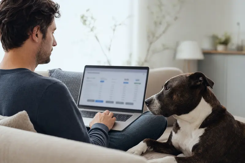 Ein Besitzer arbeitet am Laptop auf dem Sofa, während ein American Staffordshire Terrier entspannt neben ihm sitzt.