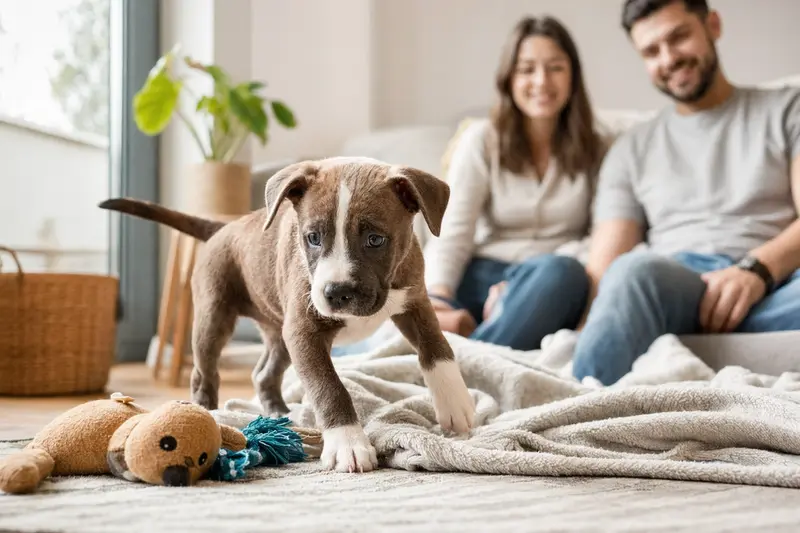 Ein neugieriger American Staffordshire Terrier Welpe erkundet sein neues Zuhause mit einer weichen Decke und einem Spielzeug.