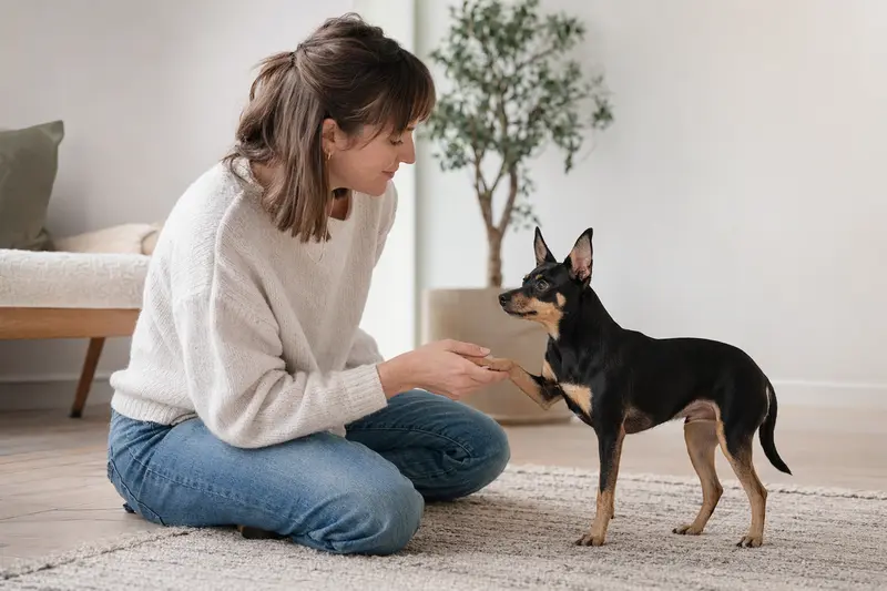 Ein aufmerksamer American Toy Terrier Hund in natürlicher Haltung vor einem hellen Hintergrund.