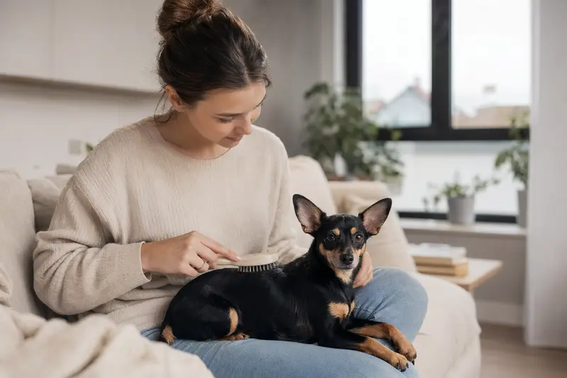 Ein American Toy Terrier wird liebevoll in einer hellen Wohnung gebürstet.