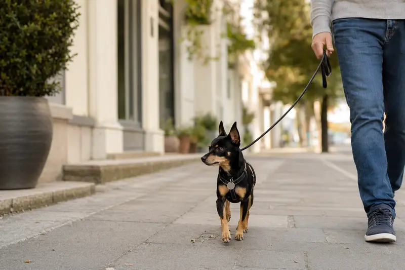 Ein American Toy Terrier Hund läuft mit seinem Besitzer durch eine moderne Stadtstraße.