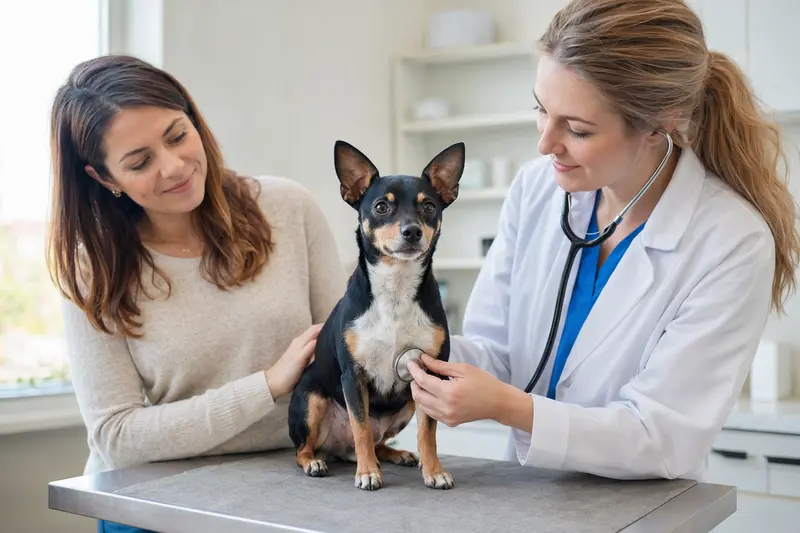Ein ruhiger American Toy Terrier wird von einer freundlichen Tierärztin mit einem Stethoskop in einer modernen Tierarztpraxis untersucht.