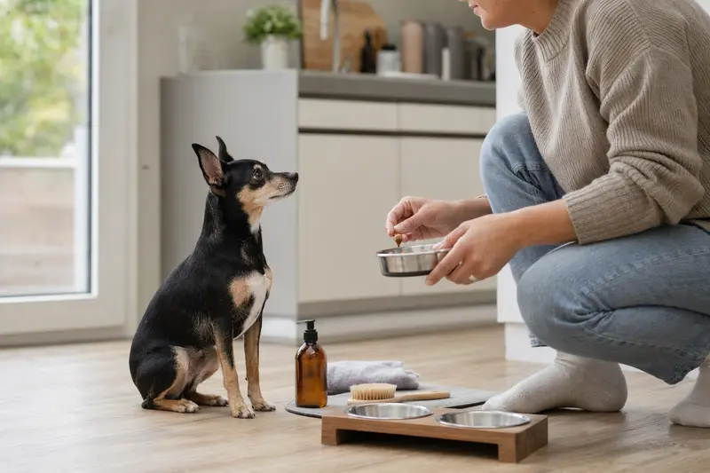 Ein American Toy Terrier sitzt neben einem hochwertigen Futternapf und Pflegezubehör in einer hellen Küche, während der Besitzer Futter vorbereitet.