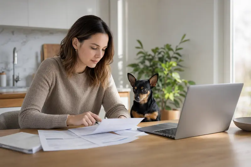 Ein American Toy Terrier sitzt neben seinem Besitzer am Küchentisch, umgeben von Versicherungsunterlagen und einem Laptop.