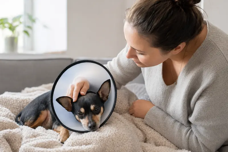 Ein American Toy Terrier liegt entspannt auf einer Decke und trägt einen Schutzkragen, während sein Besitzer beruhigend neben ihm sitzt.