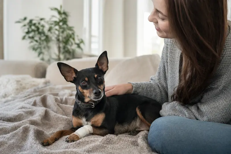 Ein American Toy Terrier mit Verband an der Pfote liegt entspannt auf einer Decke neben seinem erleichterten Besitzer in einer hellen Wohnung.