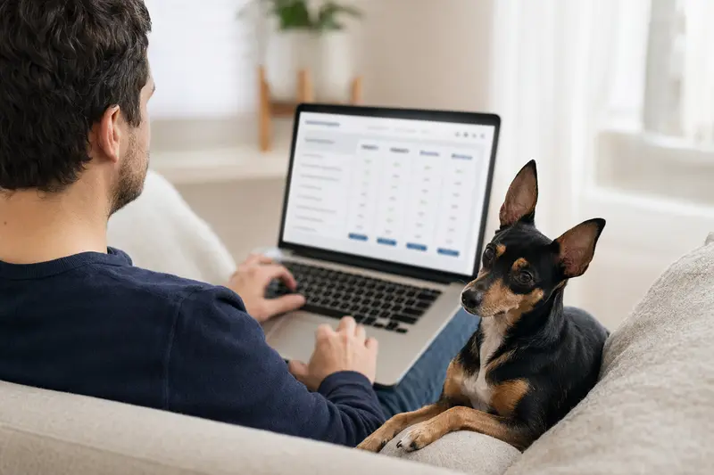 Ein Besitzer arbeitet am Laptop auf dem Sofa, während ein American Toy Terrier neben ihm sitzt und die neutrale Versicherungsvergleichsoberfläche auf dem Bildschirm zeigt.