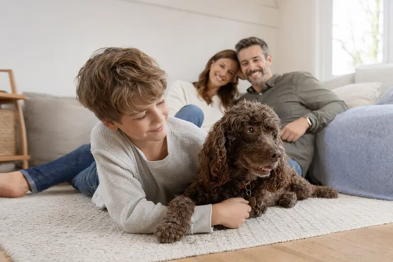 Ein freundlicher American Water Spaniel Hund liegt entspannt neben einem Kind im Wohnzimmer und schafft eine vertrauensvolle Atmosphäre.