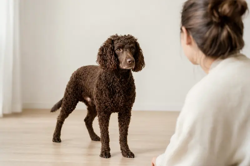 Ein American Water Spaniel steht aufmerksam vor neutralem Hintergrund, charakteristisch für die Rasse.