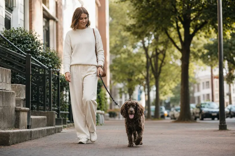 Ein American Water Spaniel Hund läuft entspannt an der Leine mit seinem Besitzer durch eine moderne Stadtstraße.