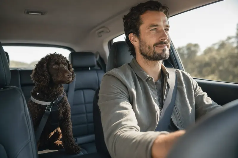 Ein American Water Spaniel Hund sitzt sicher angeschnallt auf der Rückbank eines Autos und genießt die Fahrt in der Sonne.