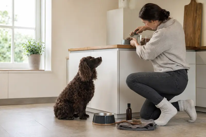 Ein American Water Spaniel sitzt neben einem hochwertigen Futternapf und Pflegezubehör in einer modernen Küche, während der Besitzer das Futter vorbereitet.
