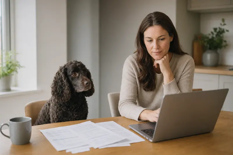 Ein American Water Spaniel sitzt neben seinem Besitzer am Küchentisch, auf dem Versicherungsunterlagen und ein Laptop liegen.