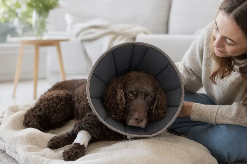 Ein American Water Spaniel liegt entspannt auf einer Decke, während er einen medizinischen Schutzkragen trägt und von seinem Besitzer beruhigend begleitet wird.
