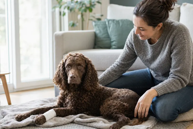 Ein American Water Spaniel mit leichtem Verband an der Pfote liegt entspannt auf einer Decke, während sein Besitzer erleichtert neben ihm sitzt.