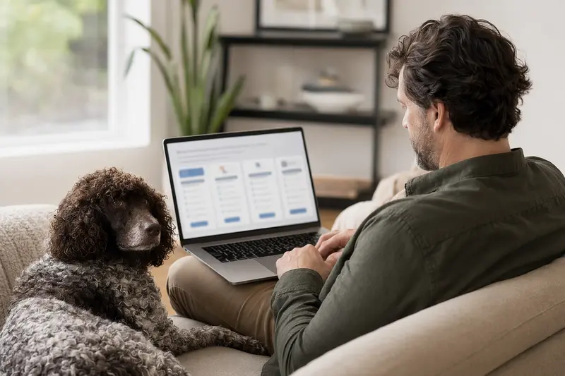 Ein Besitzer sitzt auf dem Sofa mit einem American Water Spaniel und vergleicht Versicherungen auf seinem Laptop.