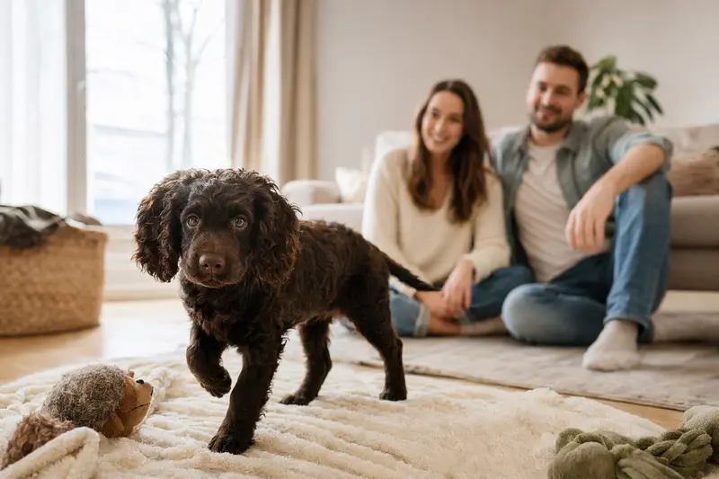 Ein neugieriger American Water Spaniel Welpe erkundet sein neues Zuhause mit einer weichen Decke und Spielzeug.