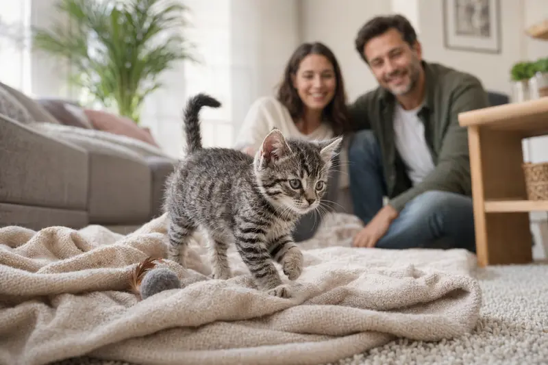 Ein neugieriges American Wirehair Kitten erkundet sein neues Zuhause mit einer weichen Decke und Spielzeug in einer hellen Wohnung.