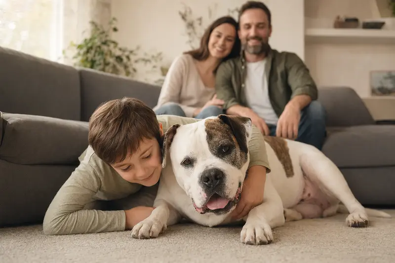 Ein freundlicher Amerikanische Bulldogge Hund liegt entspannt neben einem Kind in einem gemütlichen Wohnzimmer.