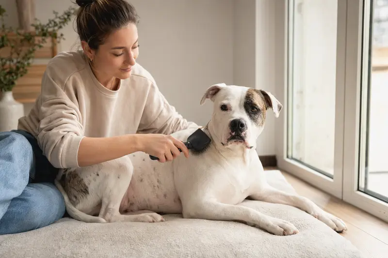 Ein Amerikanische Bulldogge wird zuhause liebevoll gebürstet, was die Bedeutung der Fellpflege für die Gesundheit des Hundes unterstreicht.