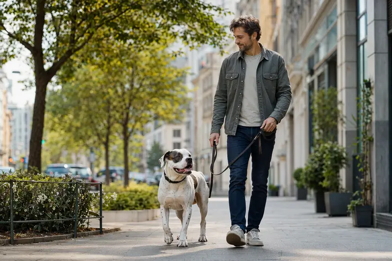 Eine Amerikanische Bulldogge läuft an der Leine mit ihrem Besitzer durch eine ruhige moderne Stadtstraße.