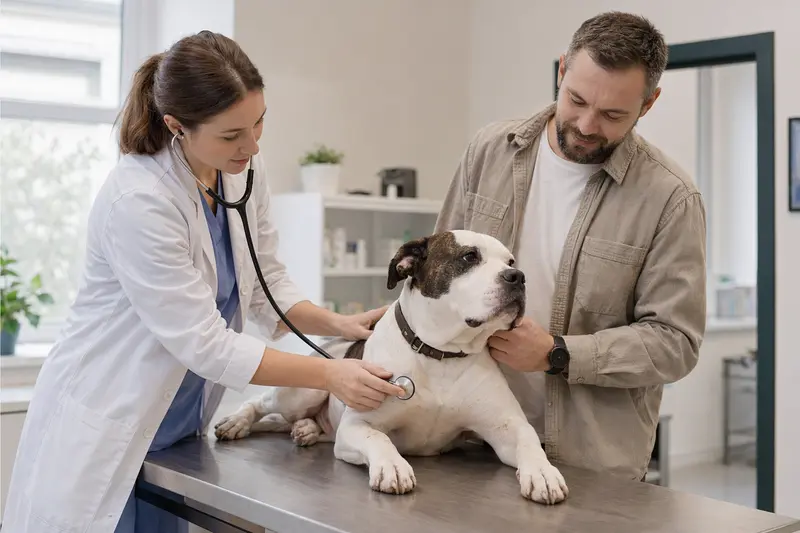 Eine ruhige Amerikanische Bulldogge wird von einer freundlichen Tierärztin auf einem Untersuchungstisch untersucht.