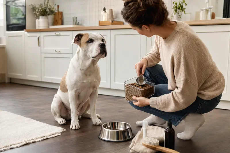 Eine American Bulldogge sitzt neben einem stilvollen Futternapf und Pflegezubehör in einer modernen Küche, während der Besitzer Futter zubereitet.