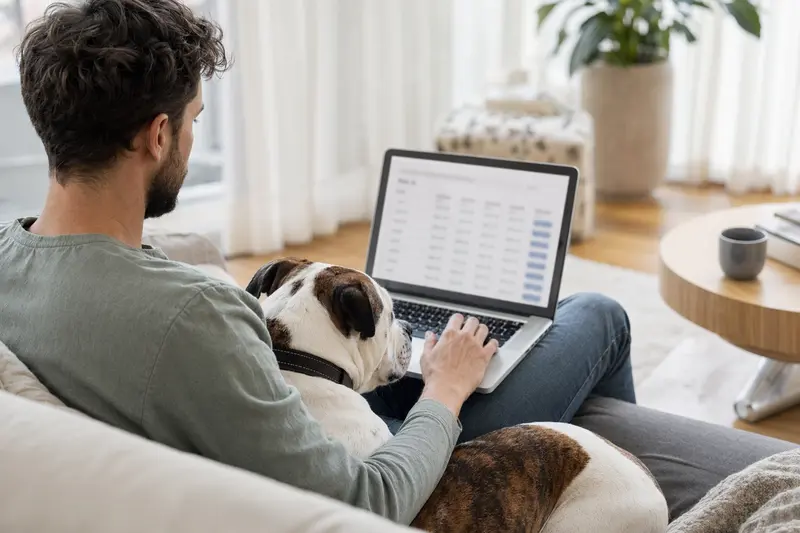 Ein Hundebesitzer arbeitet am Laptop auf dem Sofa, neben ihm sitzt eine Amerikanische Bulldogge und der Bildschirm zeigt eine neutrale Versicherungsvergleichsoberfläche.