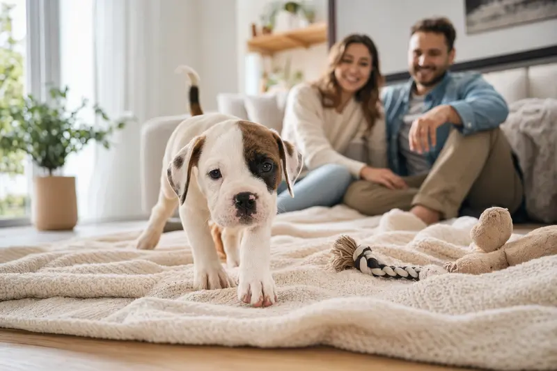 Ein neugieriger American Bulldog Welpe erkundet seine neue, freundliche Wohnung mit Spielzeug und weicher Decke.