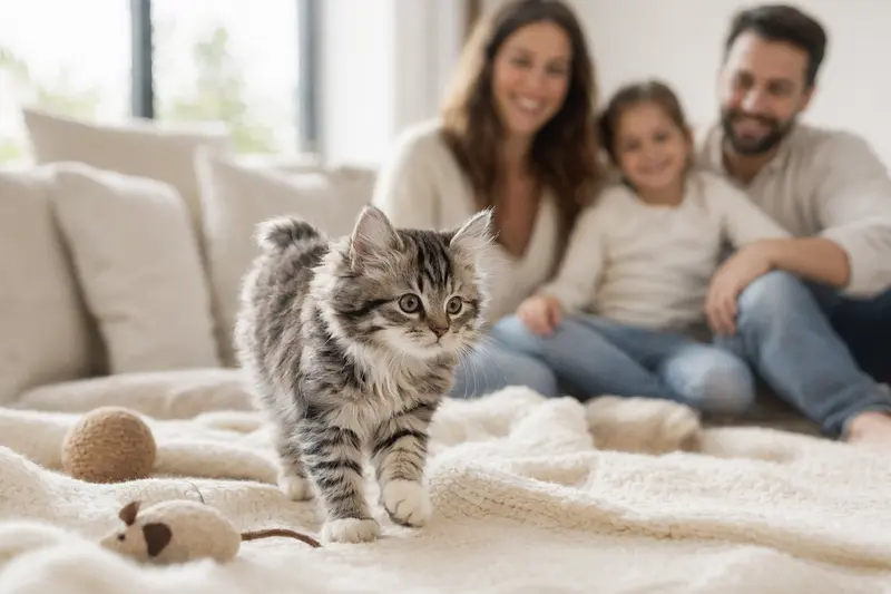 Ein niedliches Langhaarkitten der Amerikanischen Stummelschwanzkatze erkundet neugierig seine neue, helle Wohnung mit Spielzeug und einer weichen Decke.