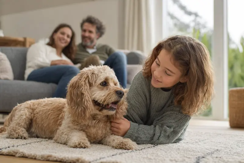 Ein entspannter Amerikanischer Cocker Spaniel liegt neben einem Kind im Wohnzimmer und vermittelt eine warme Familienatmosphäre.