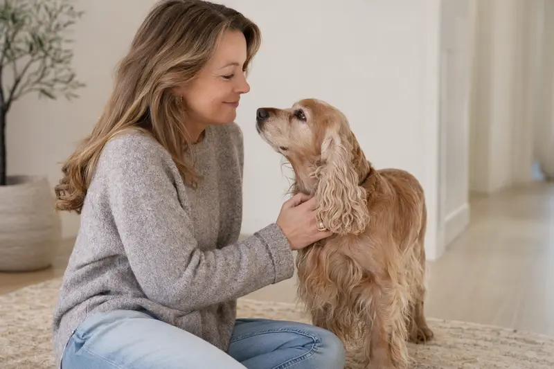 Ein Amerikanischer Cocker Spaniel steht aufmerksam vor einem neutralen Hintergrund, das weiche Licht sorgt für klare Details seiner Fellstruktur.