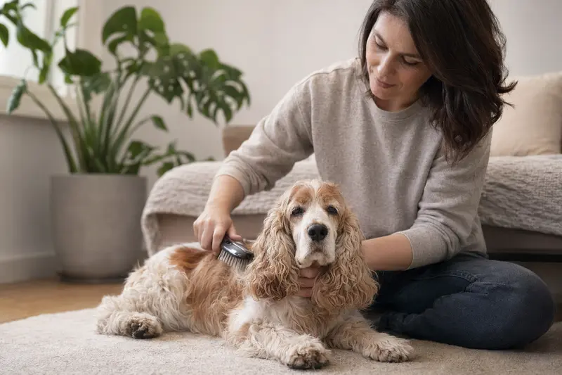 Ein Amerikanischer Cocker Spaniel wird zu Hause liebevoll gebürstet, was die Bedeutung der Fellpflege für die Hunde Gesundheit zeigt.