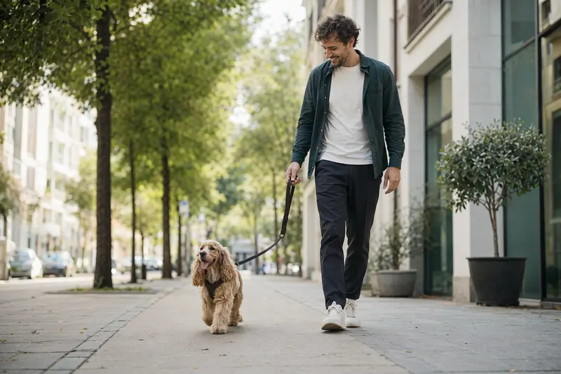 Ein Amerikanischer Cocker Spaniel läuft entspannt an der Leine mit seinem Besitzer durch eine moderne Stadtstraße.