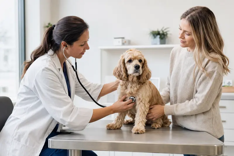 Ein ruhiger Amerikanischer Cocker Spaniel auf einem Untersuchungstisch, während eine freundliche Tierärztin ihn mit einem Stethoskop untersucht und der Besitzer beruhigend danebensteht.