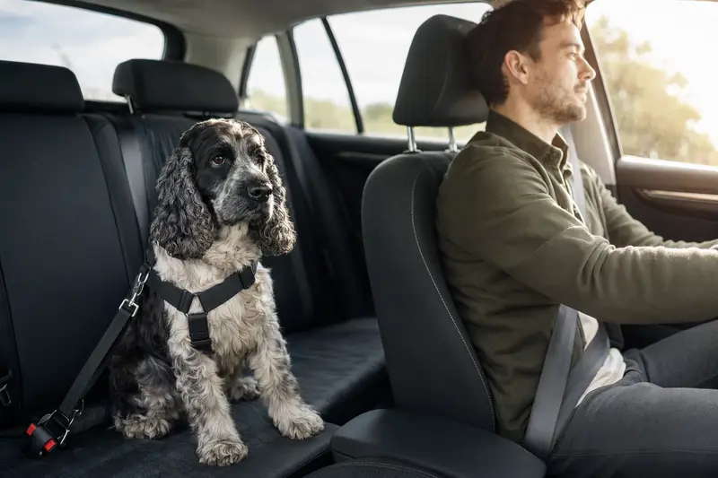 Ein Amerikanischer Cocker Spaniel ist sicher angeschnallt auf der Rückbank eines Autos und genießt die Fahrt.