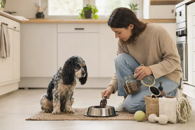 Ein Amerikanischer Cocker Spaniel sitzt neben einem hochwertigen Futternapf und Pflegezubehör in einer hellen Küche, während der Besitzer Futter vorbereitet.