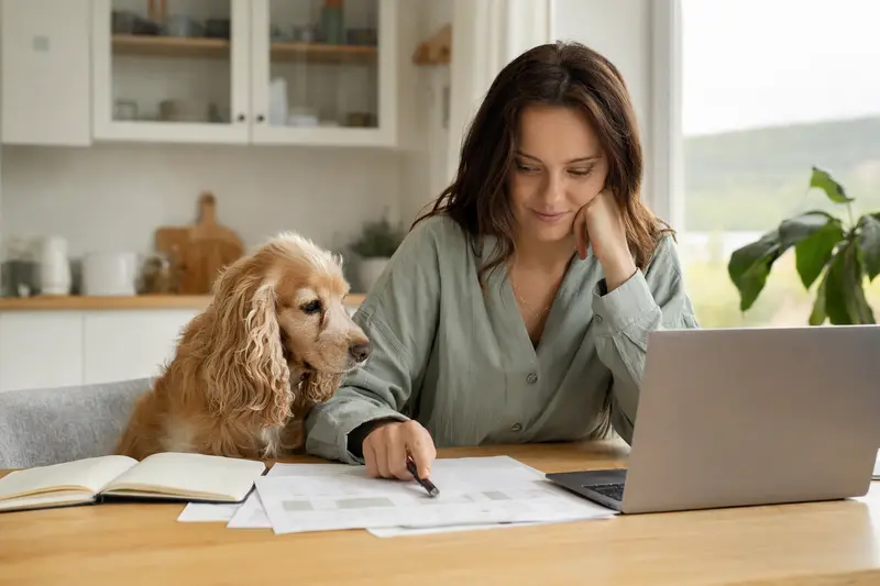 Ein Amerikanischer Cocker Spaniel sitzt neben seinem Besitzer am Küchentisch, auf dem Versicherungsunterlagen und ein Laptop liegen.