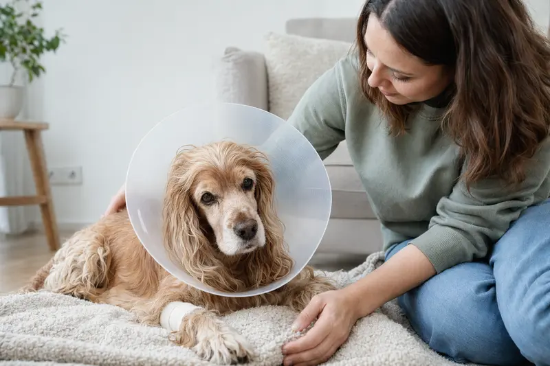 Ein Amerikanischer Cocker Spaniel Hund ruht nach einer tierärztlichen Behandlung im Zuhause, während sein Besitzer beruhigend daneben sitzt.