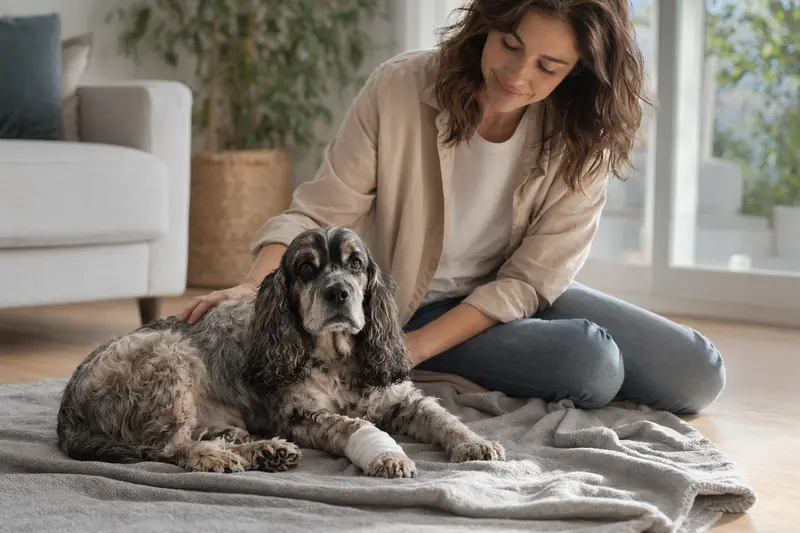 Ein amerikanischer Cocker Spaniel mit leichtem Verband an der Pfote liegt entspannt auf einer Decke, während sein Besitzer beruhigt neben ihm sitzt.