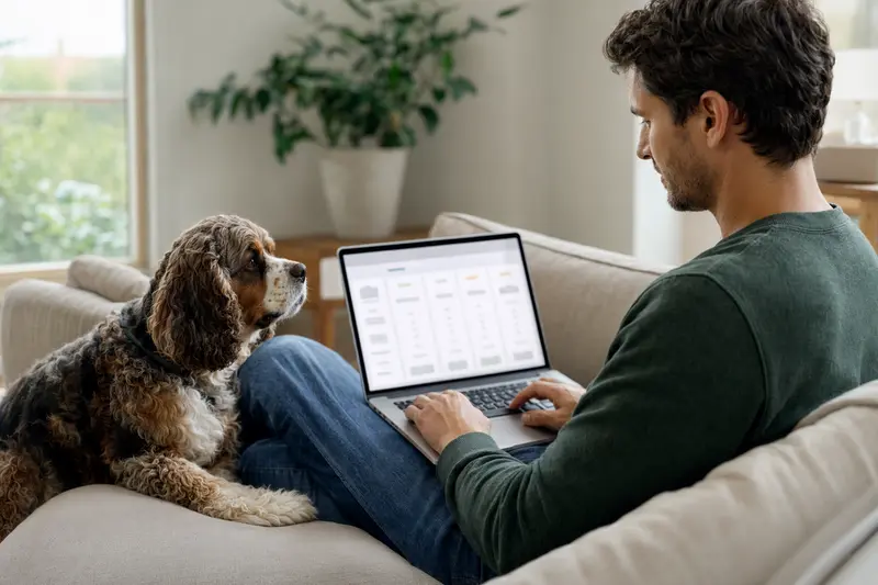 Ein Hundebesitzer sitzt auf dem Sofa mit einem Laptop, während ein Amerikanischer Cocker Spaniel neben ihm liegt.