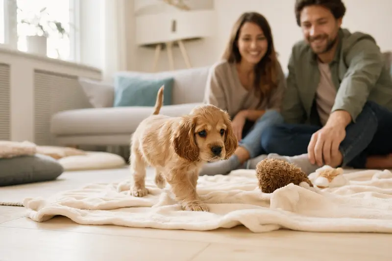 Ein neugieriger Amerikanischer Cocker Spaniel Welpe entdeckt sein neues Zuhause mit Spielzeug und einer liebevollen Familie im Hintergrund.