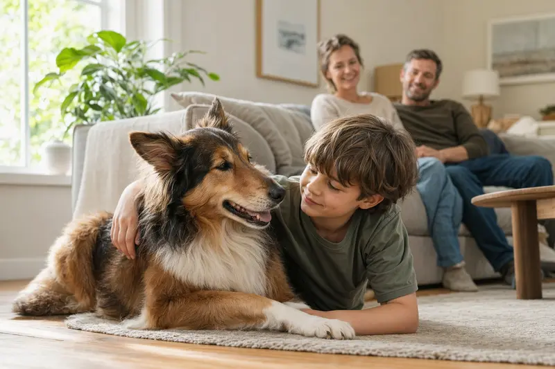 Ein Amerikanischer Collie Hund liegt entspannt neben einem Kind im Wohnzimmer und strahlt Geborgenheit aus.