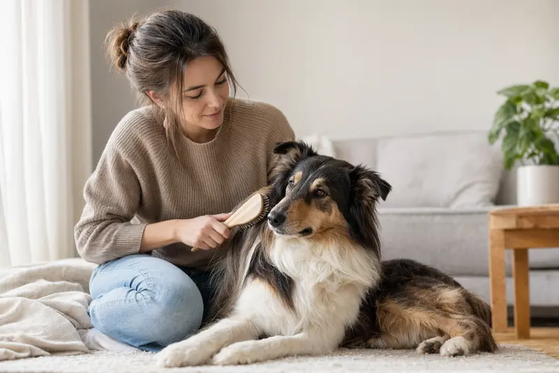 Ein Amerikanischer Collie wird liebevoll von seinem Besitzer zuhause gebürstet.