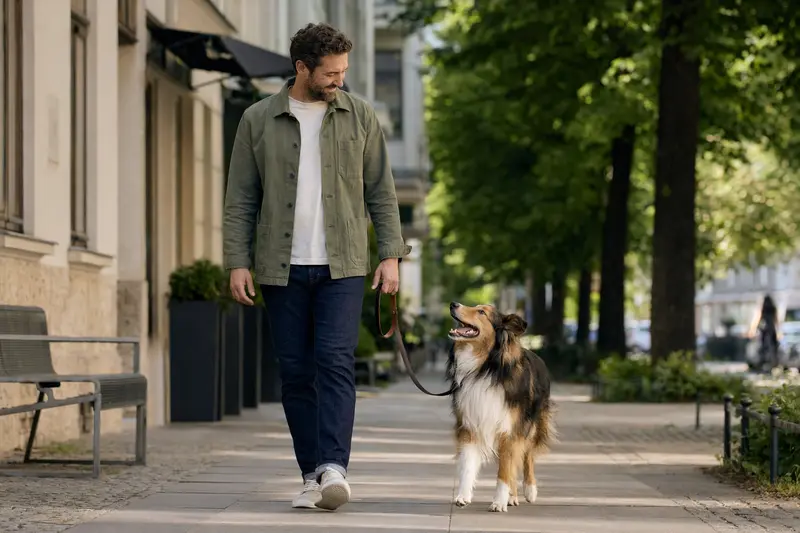 Ein Amerikanischer Collie läuft mit seinem Besitzer an der Leine durch eine moderne Stadtstraße in einer entspannten Alltagssituation.
