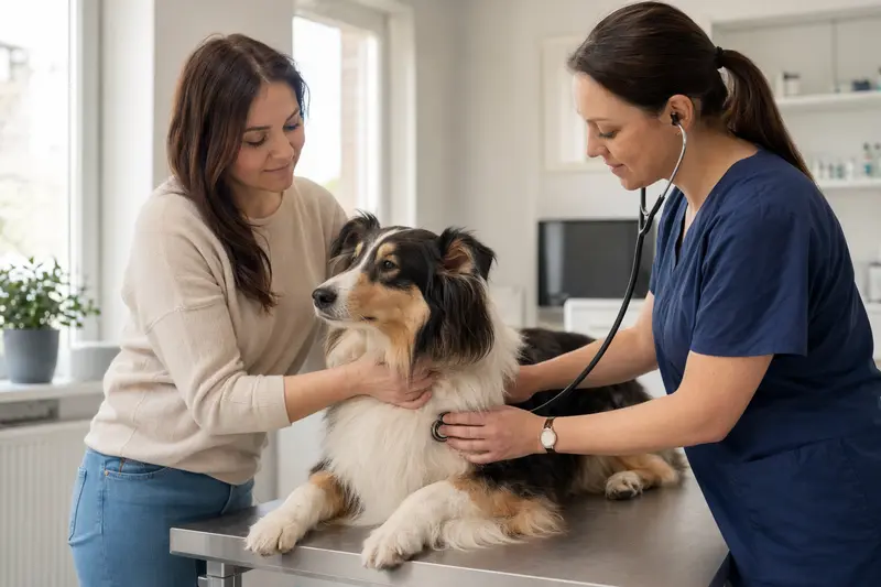 Ein ruhiger Amerikanischer Collie wird behutsam von einer freundlichen Tierärztin in einer modernen Praxis mit einem Stethoskop untersucht.