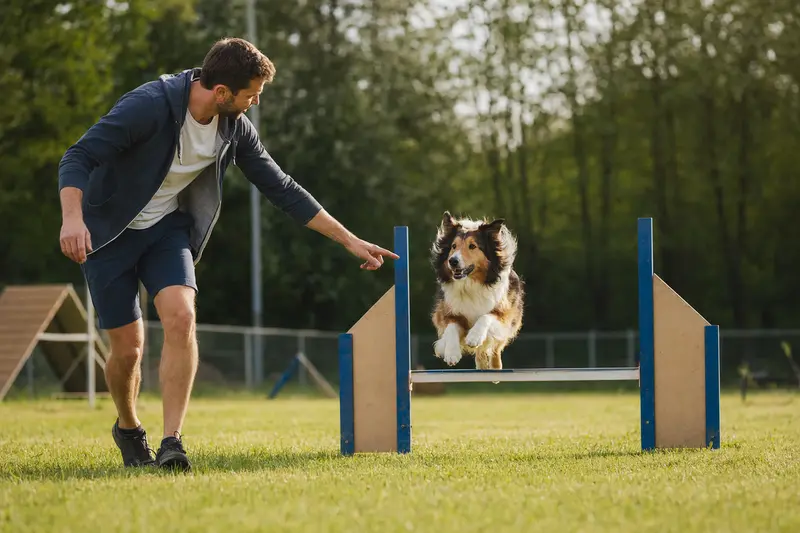 Ein Amerikanischer Collie springt beim Hundetraining mit seinem Besitzer über eine kleine Hürde auf dem Hundeplatz.